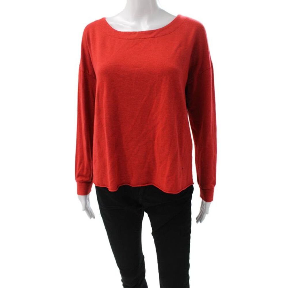 Splendid Women Boat Neck Long Sleeve Basic T-Shirt Red Size L